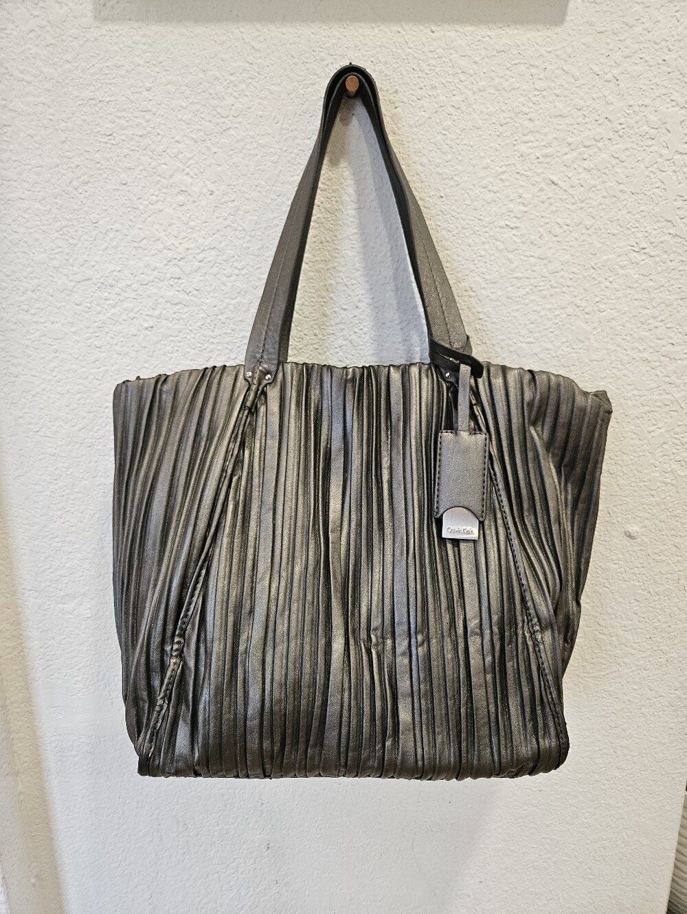Calvin Klein Silver Metallic Pleated Tote Bag Large Textured Satchel Luxury